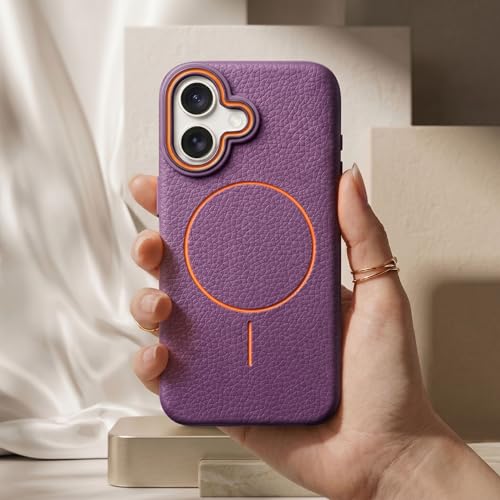 Image of amazon basics Luxury MagSafe Compatible Leather Texture Back Cover for iPhone 16 | Raised Camera Protection | Slim Fit Shockproof Case with Metallic Accents (Purple)