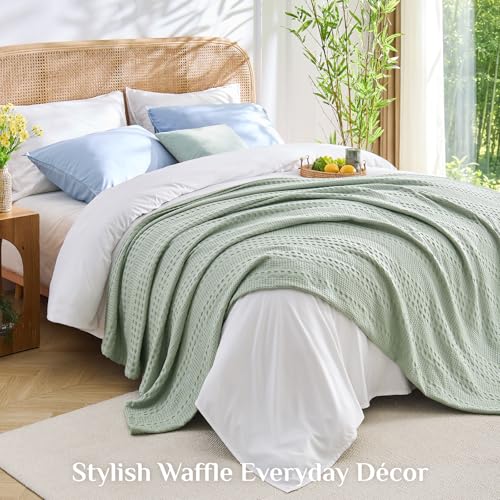 Image of BEDELITE Cooling Waffle Blanket Queen Size - Lightweight Breathable Cotton Summer Blanket of Rayon Derived from Bamboo for Hot Sleepers, Soft Throws for Bed, Couch and Sofa, Sage Green, 90x90 Inches