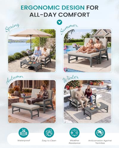 Image of SERWALL 2-in-1 Convertible Sofa Daybed with Cushions & Ottoman Table Set | HDPE 4-Position Reclining Outdoor Patio Lounge Chair, 4-in-1 Cup Holder Daybed Sofa Furniture, Grey Frame with Khaki Cushion