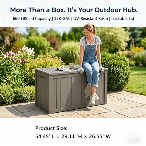 Image of 178 Gallon Resin Deck Box with Gas Lift Support - Outdoor Storage for Patio Furniture, Garden Tools & BBQ Accessories - Weatherproof Wood Grain Design with 660 Lbs Bench Seat (Lockable Lid)