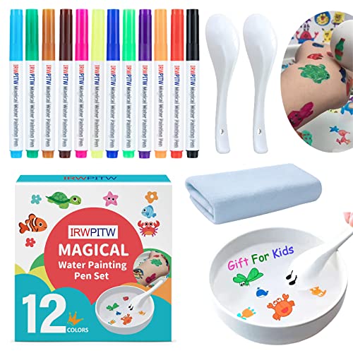 IRWPITW Magic Drawing Pen Bundle 12 Colors Magical Water Painting Pens for Kids Kiddies Create Magic Pen Floating Ink Drawings Set with Spoons and Towel Tattoo Water Marker Gifts for Boys and Girls