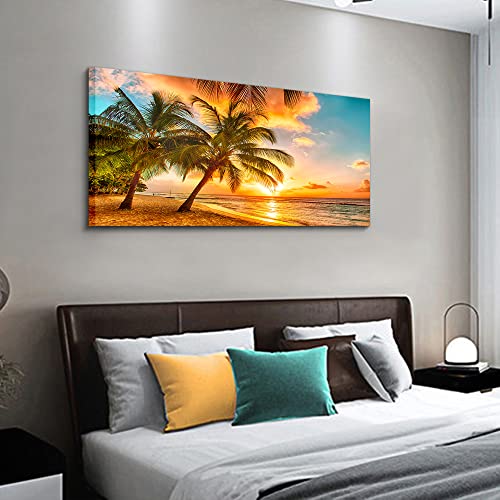 Ephany Golden Ocean Beach Palm Wall Art Art - 1 Piece Canvas Wall Art Sunset See Tree Landscape Canvas Paintings Posters Print On Canvas Stretched And Framed Ready To Hang (F-1Pcs,20X40Inchx1Pcs) #TOP3
