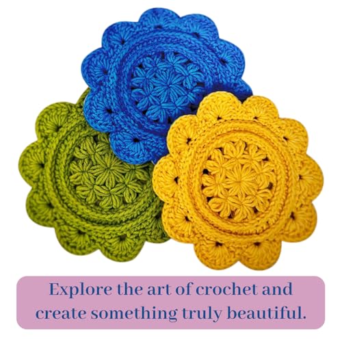 Image of picknMAKE 6 Pcs Floral Whisper Crochet Coaster DIY Coaster Kit for Beginners, Crochet Yarn Full, Multicolor Decorative Flower Coasters Craft Kit with All Material Included