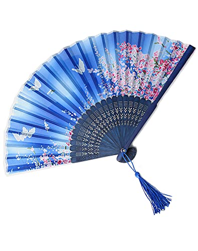 Pequeño ventilador plegable portátil, ventilador de mano de seda, ventilador de mano tradicional para boda/fotografía/espectáculo/regalo/decoración, ventilador manual plegable de mano - azul Cover