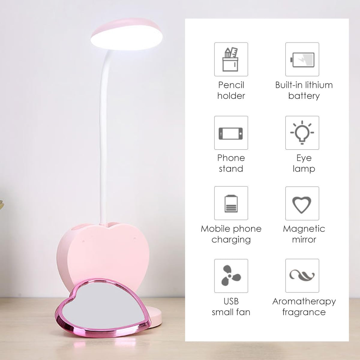 Lampada Da Scrivania 6 In 1 Per Bambini Rosa – Con Ventilatore, Portapenne, Specchio E Aromaterapia - 3
