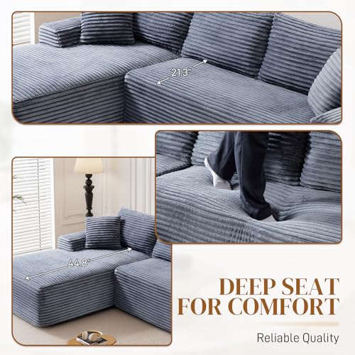 Image of 95 inch L Shaped Boneless Sectional Couches, Wide Armrest, Deep Seat, Memory Foam, Assembly Free, Modern Comfy Corduroy Fluffy Cloud Sofa with Left Chaise for Living Room, Small Spaces, Grey
