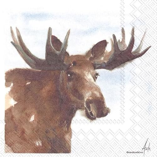 Set of 2 Individual Decoupage Paper Party Napkin Bull Moose Winter Deer Watercolor Decor Luncheon Napkins for a Birthday Holiday, Wedding, Cocktail Party