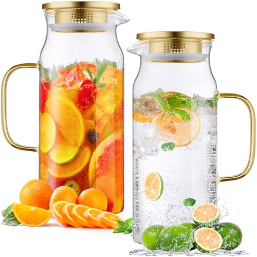 Image of Bivvclaz 2 Pack 2 Liter 68 oz 2.1 Qt Gold Glass Pitcher with Lid and Handle, Water Pitcher for Fridge, Glass Carafe for Hot /Cold Water, Large Iced Tea Jug for Coffee, Juice and Homemade Beverage