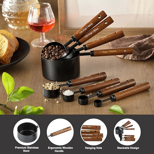 8PCS Measuring Cups and Spoons Set, DV Stainless Steel Measuring Cups with Ergonomic Wooden Handle for Cooking & Baking - Thumbnail 2