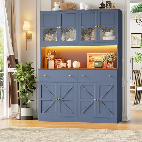 Image of FINETONES 71 inch Pantry Cabinet with LED Light and Charging Station, Farmhouse Kitchen Pantry Cabinet with Microwave Stand, 47.2 inch Wide Kitchen Hutch Food Pantry with Open Countertop, Blue