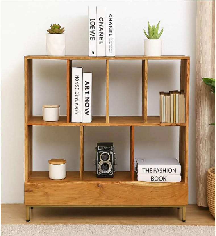 Image of Boston Modern Bookshelf Storage for Living Room & Study | Acacia Wood, Natural Finish | Wooden Book Shelf with Doors & Open Display Racks | Modular Storage Unit for Home Office