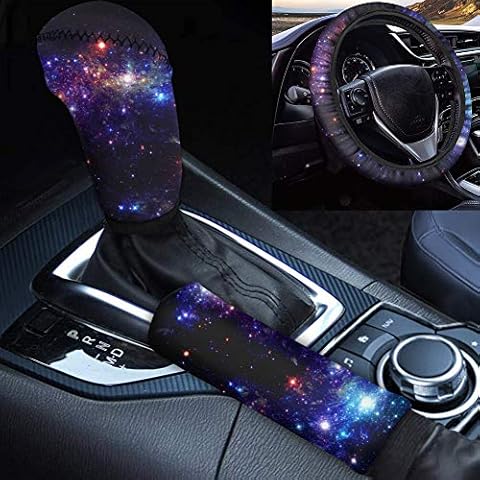 JEOCODY Universe Space Galaxy Car Steering Wheel Cover with Handbrake Cover Gear Shift Cover Set Universal Fit 14-15 Inch Cover