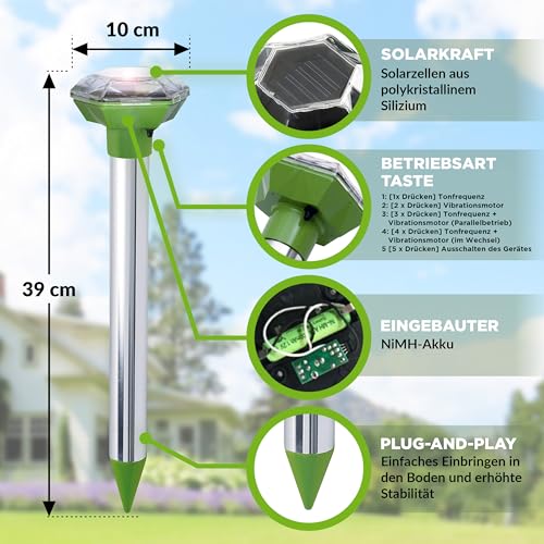 ISOTRONIC Maulwurf Vertreiber solarbetrieben | Ultraschall Schädlingsbekämpfung gegen Wühlmäuse & Schlangen, 1.000 m² (2 Stück)