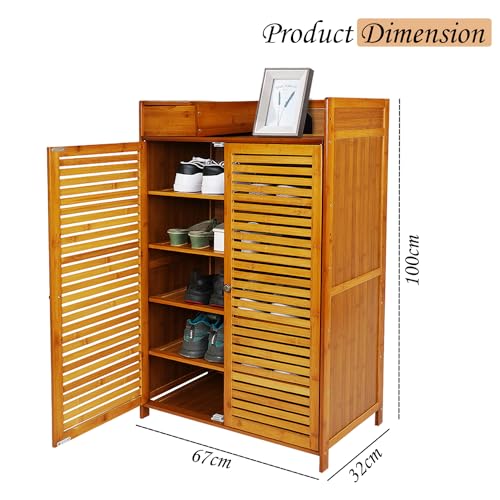 Image of Naayaab Craft Bamboo Shoe Cabinet with Doors, 7-Tier Freestanding Shoe Storage Rack for Hallway, Entryway, Living Room & Office, Brown (62 x 31 x 114 cm)
