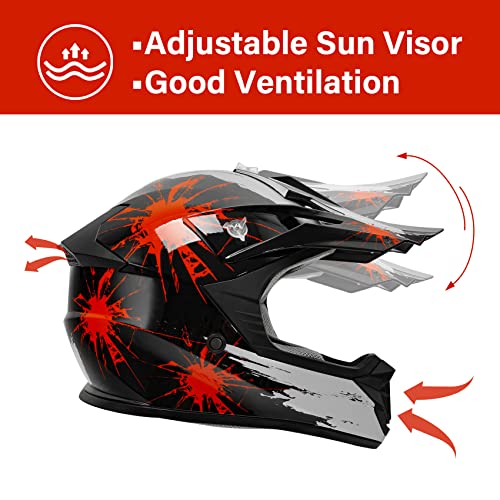 Image of XFMT Youth Dirt Bike Helmet DOT Kids Full Face Helmet for Motocross ATV Off-Road Street Bike Four Wheeler with Goggles & Gloves, Black Red Firework Small