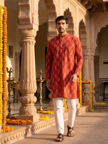 Image of Studio Shringaar Men's Cotton Blend Relaxed Fit Ikat Printed Knee Length Kurta