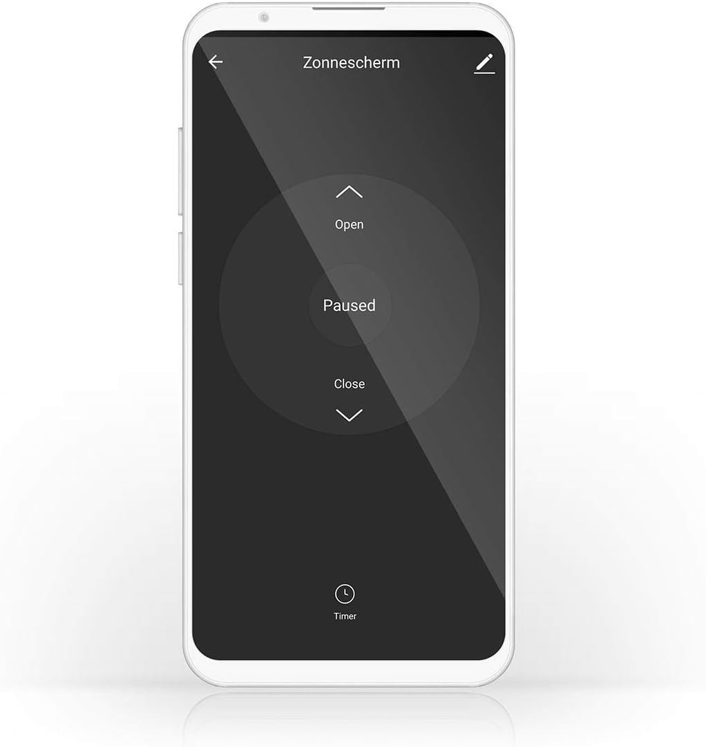 Screenshot of the Nedis SmartLife app interface for controlling a sunshade, showing Open, Paused, Close buttons and a Timer option.