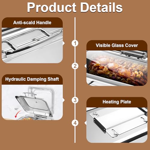 Aocay 9L Chafing Dish Elektrisch, Edelstahl Speisewärmer Behälter, Commercial Wärmebehälter für Speisen, Rechteckig Buffetwärmer mit Sichtbarem Glasdeckel für Catering, Buffet, Party (1/3) – Bild 3