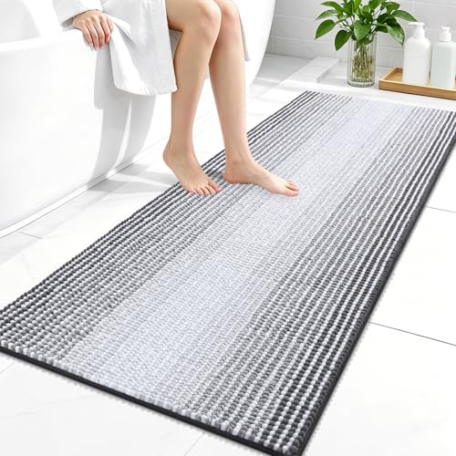 Image of OLANLY Bathroom Runner Rugs 44x24, Extra Soft Absorbent Chenille Striped Bath Rugs, Rubber Backing, Machine Wash Dry, Long Bath Mats for Bathroom, Tub, Shower, Home Decor Accessories, Grey