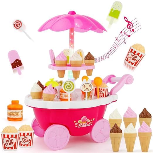 Fun Express Sweet Shopping Cart Play Set | Ice Cream | Candy Counter Set | Kitchen Play Set with Lights and Music | Pretend Play Toys for Kids Girls and Boys - Multi Color