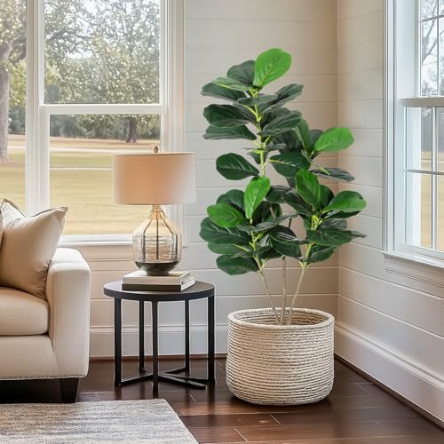 4FT Fiddle Leaf Fig Artificial Tree Faux Floor Plant with Black Planter Pot, Potted Fake Fiddle Leaf Fig Tree for Indoor Outdoor Home Office Decor