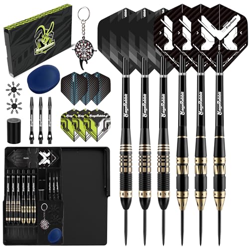 MageRabbit Fléchettes avec pointe en métal 6 pièces, SteelDarts avec 9 tiges de fléchettes + 12 ailettes de fléchettes, fléchettes professionnelles avec boîte à fléchettes, ailettes et joints toriques