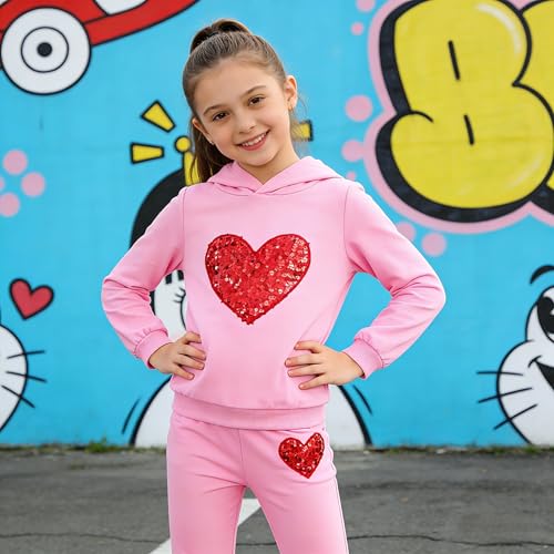 Image of 6-13 Years Girls Clothing Heart Print Hoodie Top + Heart Print Flare Leg Pants 2PC Clothing Set