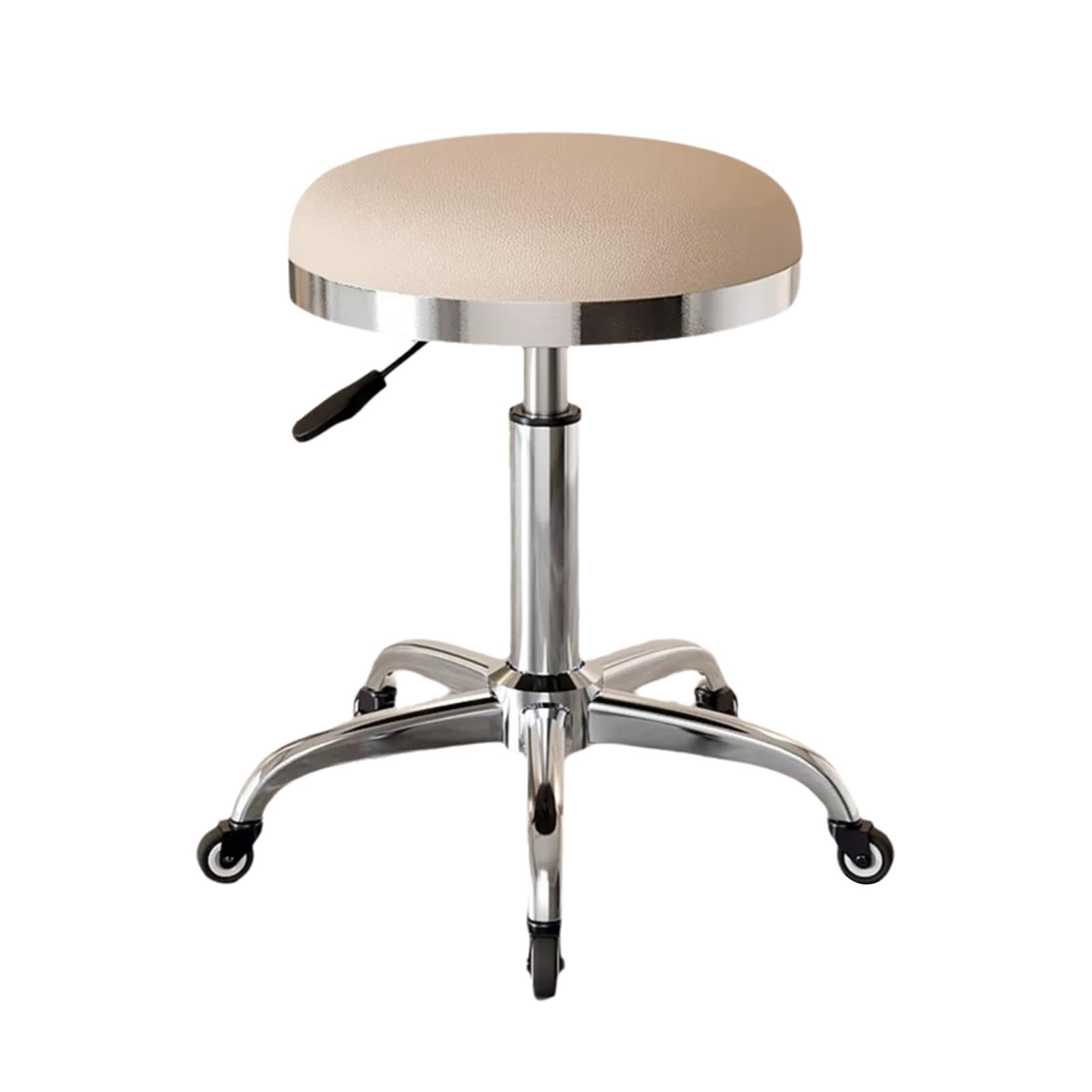 Stołek na Kółkach Regulowana Wysokość 45-56cm Ergonomiczny Taboret ze Skóry Ddo Salonu, Baru, Domu, Biura, Tatoo, Medyczne, do Masażu(Beige)