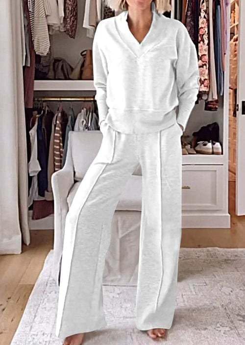 [WBRSybJP] レディース 無地 Vネック トップス&amp;パンツ ツーピースセット、秋 カジュアル ワイドレッグパンツセッ