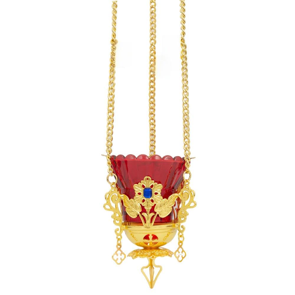 Lampe à huile chrétienne orthodoxe à suspendre, lampes à huile orthodoxe avec tasse en verre rouge, pour cérémonies religieuses et usage quotidien (diamant bleu avec boucles d'oreilles et