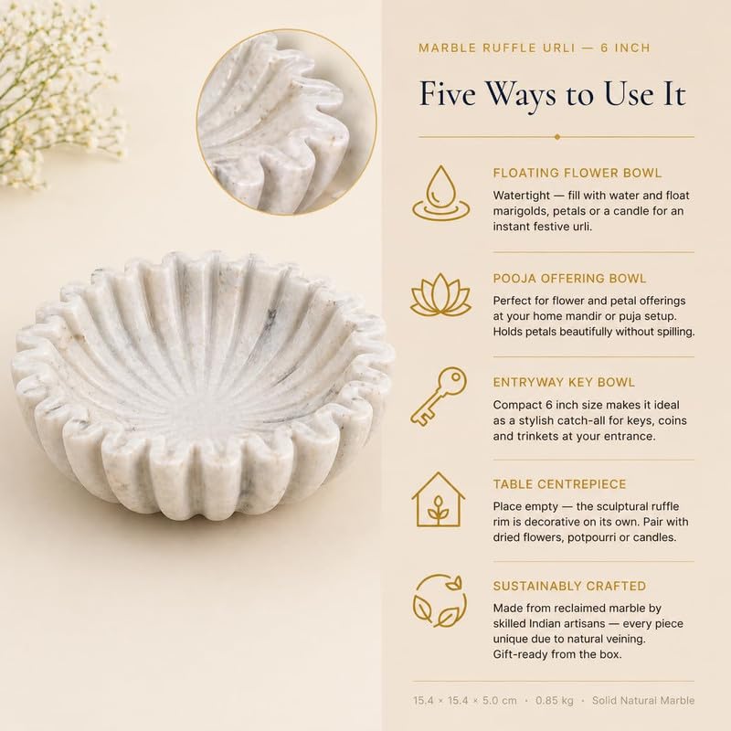 Image of Marble Urli Bowl for Home Decor | Handcrafted Floating Bowl, Decorative Centerpiece for Living Room, Luxury Stone Urli Dish, Pooja Decor & Festive Gift Item (Ruffle Urli /6 Inch)