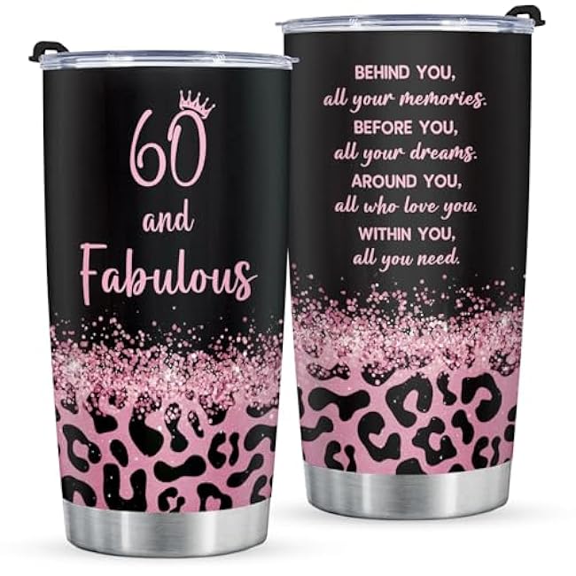 60th Birthday Gifts for Women, 60 and Fabulous Tumbler, 60th Birthday Gift ideas, 60 Year Old Birthday Gifts for Women Mom Grandma Friend Sister Wife, 20oz Coffee Travel Mug, Leopard