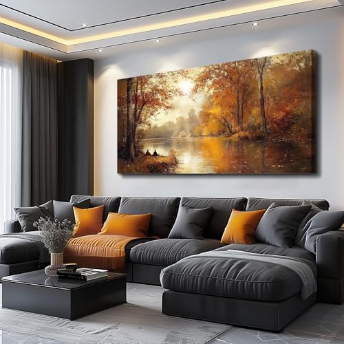 FUHAIHUA Canvas Wall Art For Living Room Large Wall Decor For Bedroom Aesthetics Office Wall Decoration Saffron Yellow Tree Landscape Painting Forest Picture Artwork Ready To Hang Home Decor 24"X48"