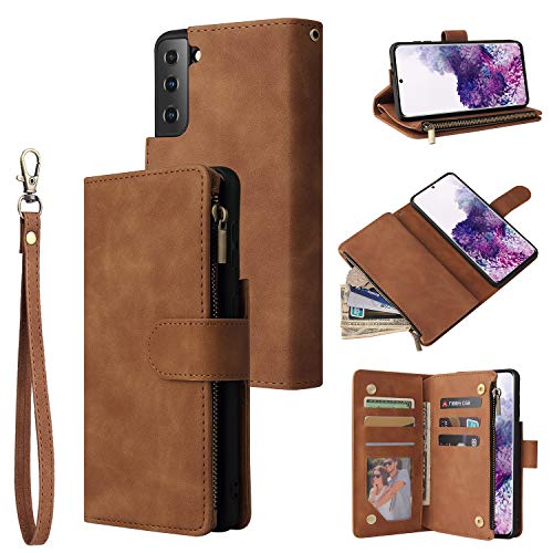 QLTYPRI Wallet Case for Samsung Galaxy S21 5G,Premium Vintage PU Leather Zipper Pocket with Card Holder Slots Magnetic Closure Kickstand Wrist Strap Shockproof Flip Folio Case – Brown- Best and cheap mobile covers in India