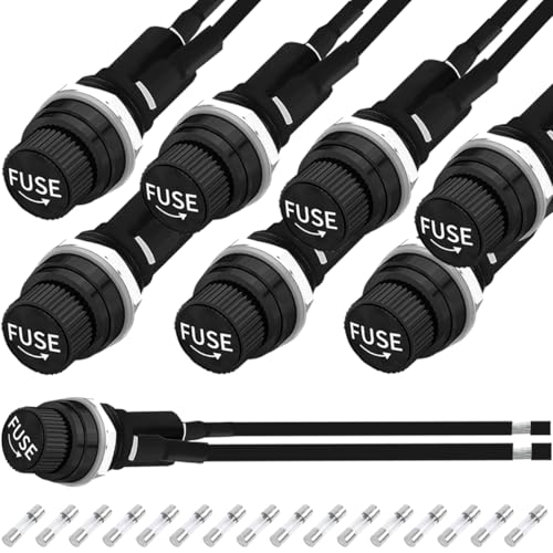 MKBKLLJY 8 Pcs Panel Mount Fuse Holder 5x20mm 12V DC 250V AC Waterproof Weatherproof Screw Cap Fuse Holders with Pre-Soldered Wires 120MM/4.72inch 20AWG 16PCS 10A/15A Glass Tube Fuses