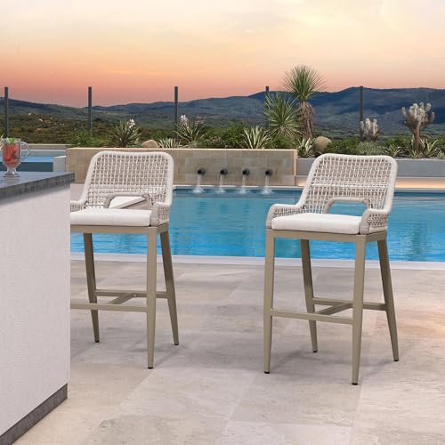 Image of PURPLE LEAF Bar Stool 1 Piece Bar Height Metal Chair with Back Modern Tall Comfy Wicker Woven Boho Garden Pool Patio Outdoor Barstool, Champagne