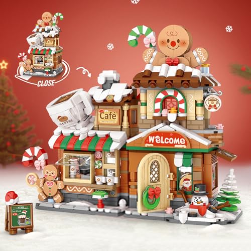 MEIEST Mini set di mattoncini da costruzione per negozio di Natale con vista stradale, simulazione pieghevole, collezione architettura da costruzione, decorazione per la casa (caffè di pan di zenzero)
