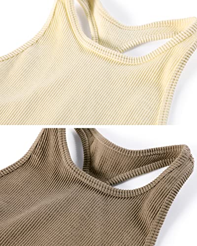 Ododos Women's 2 Pack Seamless Tank Tops Racerback Ribbed Sleeveless Crop Top, Beige Brown, Medium/Large #TOP4