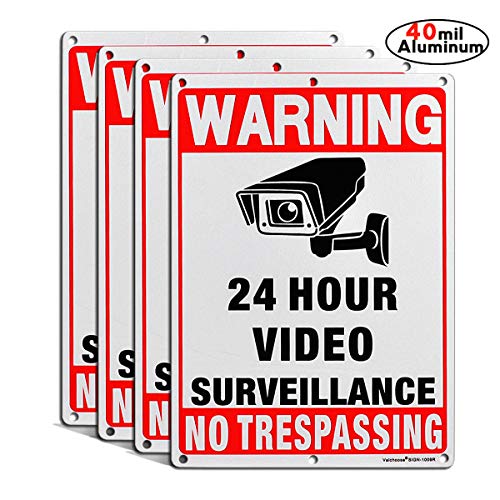Video Surveillance Signs Outdoor 4PACK Premium, Surveillance Signs 24 Hour Video Clear Letters