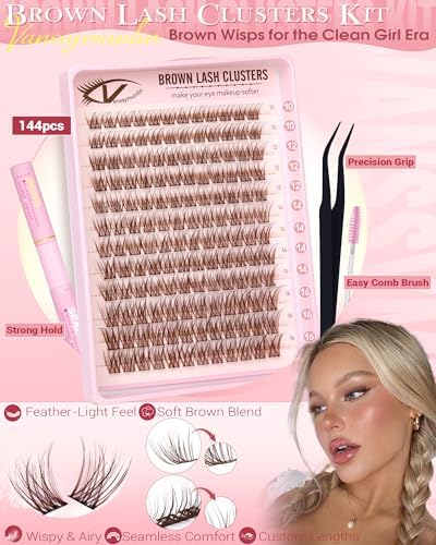 Brown Wispy Lash Clusters Kit Natural Eyelashes Clusters 10-16mm Cluster Eyelash Extensions C Curl Cluster Lashes DIY Eyelash Cluster Waterproof Individual Lash Extension Kit with Brush - 2