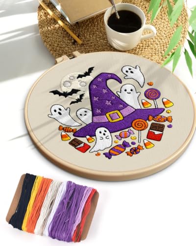 Image of TINDTOP Halloween Embroidery Kit for Adult, Embroidery DIY Starter Kit, with Stamped Patterns, Hoop, Tools, Colorful Threads with Needles, Instructions (Halloween C)