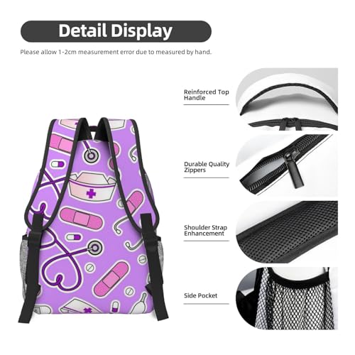 Sac à dos de travail imperméable avec compartiment ordinateur portable et imprimé violet infirmière