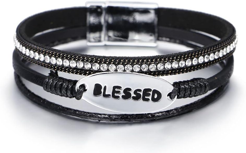 Bohemian Faux Leather Wrap Multi Layer Statement Bracelet Cross Christian Religious Leatherette Cuff Crystal Rhinestone Metallic Bead Inspirational Bracelets