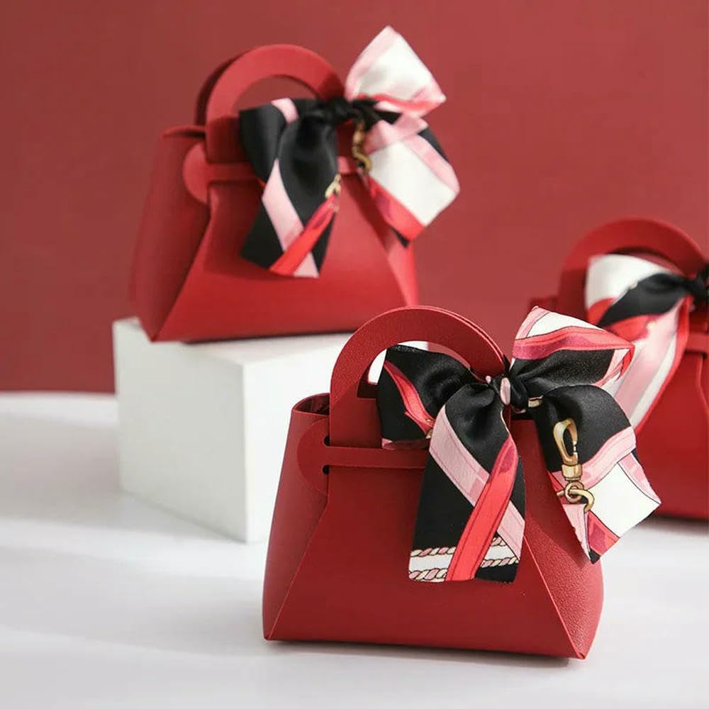 SIHAOYY 50 szt. Distribute Leather Pink Gift Bags Wedding Favour Bag for Guest Mini torebka ze wstążką pudełko do pakowania cukierków dekoracja imprezowa