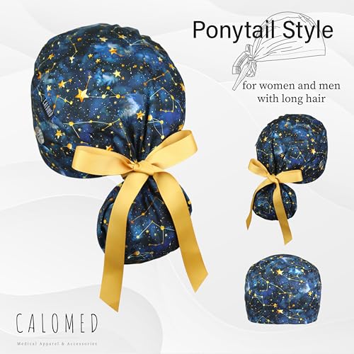 Image of Scrub Cap for Women and Men, Ponytail Scrub Caps, Working Hat, Head Cover with Ribbon Ties and Buttons, Long Hair
