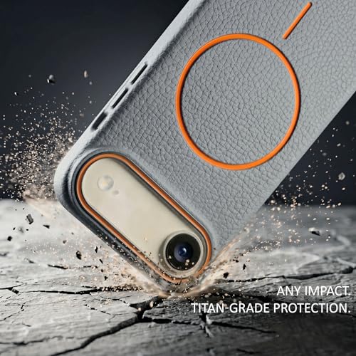 Image of amazon basics Luxury MagSafe Compatible Leather Texture Back Cover for iPhone 17 Air | Raised Camera Protection | Slim Fit Shockproof Case with Metallic Accents (Gray)
