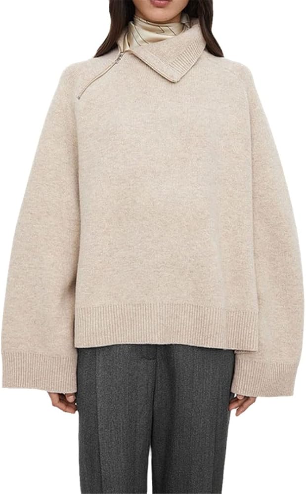 Side Diagonal Collar with Zipper Women Loose-Fit Knit Sweaterlong