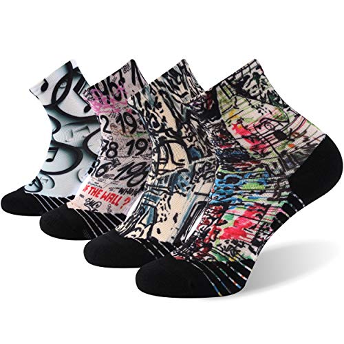 HUSO Running Socks Mens Womens Novelty Funny Colorful Print Anti-blister Athletic Sports Quarter Socks 1,3,4,7 Pairs