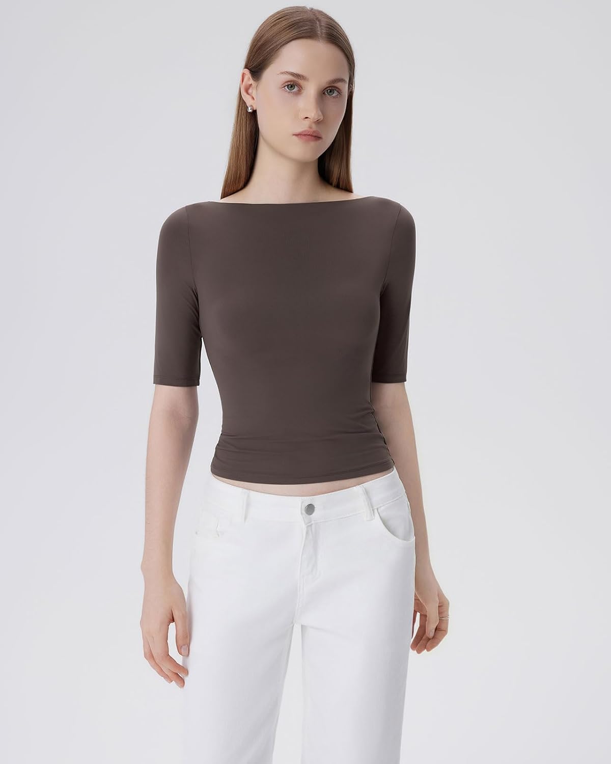 SUUKSESS Women Double Lined Half Sleeve Boat Neck Tops Tight Fitted Shirts - Image 4