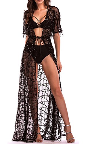 Cresay Women Lingerie Sequins Sexy Long Dress Sheer Gown Kimono Robe-Black-XL